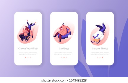 Sledding Winter Time Outdoors Spare Time Mobile App Page Onboard Screen Set. Happy People Playing on Street after Snowfall Riding Sled Concept for Website or Web Page. Cartoon Flat Vector Illustration