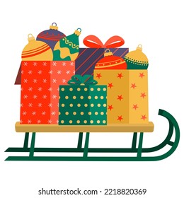 Sledge with Christmas gifts and decorations. New Year. Christmas. Vector illustration