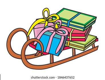 Sledge and Christmas gifts, isolated vector illustration