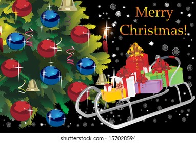 Sledge full Christmas gifts near Christmas tree 