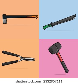 Martillo corredizo, martillo de hacha, acolchador de espadas y cortadora de pieles de borde, ilustración vectorial de la colección. Las herramientas de trabajo de jardinería y construcción objetan el concepto de icono.
