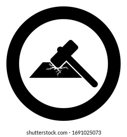 Hammer mit Sledge bricht die harte Oberfläche mit der Bildung von starken Rissen Symbol in kreisrunder schwarzfarbiger Vektorillustration Abbildung flaches Bild