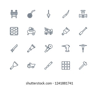 Sledge hammer, Paver, Chisel, Dump truck, Putty knife, Gas pipe, Brush, Angle grinder, Hand saw, Air compressor, Plumb bob outline vector icons from 20 set