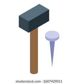 Sledge hammer standing near new metal nail isometric view isolated on white background