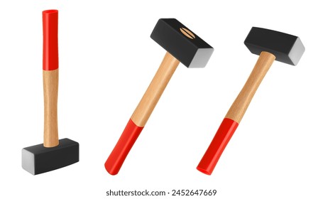 Sledge hammers in different angles, isolated on white background, Sledgehammer used for heavy blacksmith work, dismantling and assembly of structures. Realistic 3D vector illustration