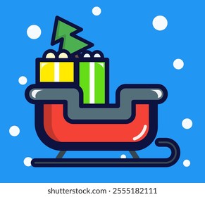 Sledge icon. Lineal color style. Santa claus transportation's to bring christmas gift and christmas tree. 