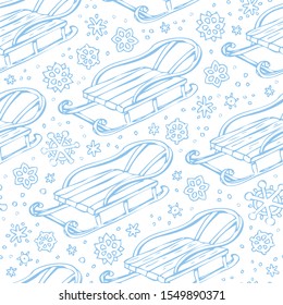 Sledge seamless pattern. Winter background with Snowflakes and Sleds. Hand drawn doodle print