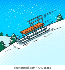 Sledge slide down hill on snow pop art retro vector illustration. Comic book style imitation.