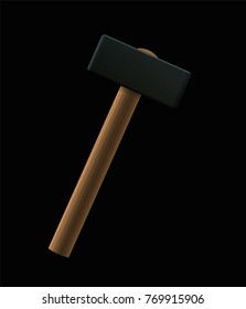 Sledgehammer - heavy hammer with large metal head - upright standing basic hand tool with wooden handle - isolated vector illustration on black background.