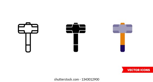 Sledgehammer icon of 3 types: color, black and white, outline. Isolated vector sign symbol.