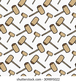 Sledgehammer - wood and tools. Hand-drawn seamless cartoon pattern with hammer. Doodle drawing. Vector illustration. 