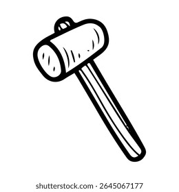 Sledgehammer with wooden handle. Hand drawn doodle vector. Handyman's tool. Heavy hammer. Work in workshop. Illustration line art element.
