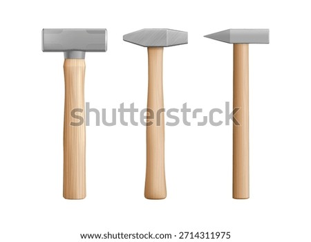 Sledgehammers and mallets set. Vector realistic hammers for striking and pounding. Working tools of carpenters and builders. Instruments for hammering nails, crushing rock and breaking objects