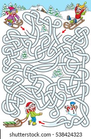 Sledging. Help kids to find a correct way down the hill to meet a friend. Labyrinth for kids - portrait.