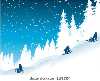 Sledging on snow with beautiful background