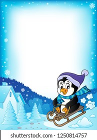 Sledging penguin theme frame 1 - eps10 vector illustration.