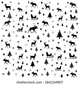 Sleds, moose, snow and trees vector. Perfect for textile design, wallpaper or printing.