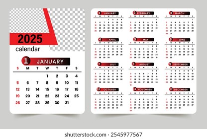 A sleek 2025 calendar layout in red and black with rounded edges, offering a clear, minimalist monthly overview for easy planning.