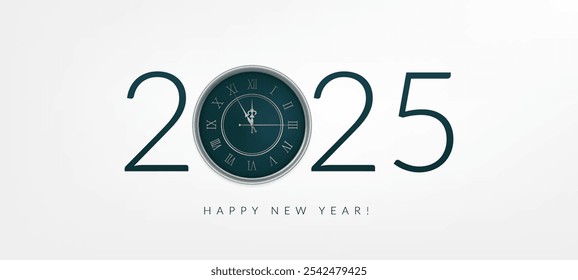 A sleek 2025 New Year illustration featuring a clock nearing midnight. This vector design is perfect for festive banners, invitations, and greeting cards. Not AI.