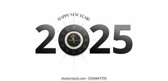 A sleek 2025 New Year illustration featuring a clock nearing midnight. This vector design is perfect for festive banners, invitations, and greeting cards. Not AI.