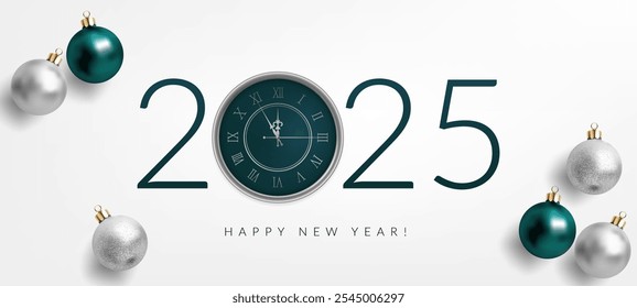 A sleek 2025 New Year illustration featuring a clock nearing midnight and glass spheres in white and green. This vector design is perfect for festive banners, invitations, and greeting cards. Not AI.