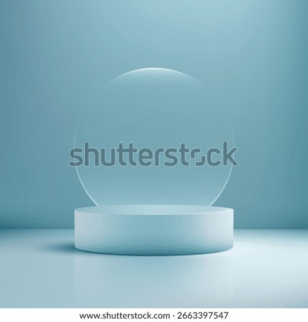 sleek 3D blue cylindrical podium sits on a glossy surface in a minimalist studio with a translucent glass backdrop, perfect for showcasing modern products in clean branding scenes