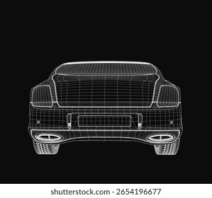Ein schlankes 3D-Automodell, das im Drahtmodell-Stil auf schwarzem Hintergrund dargestellt wird und detaillierte Blaupausenlinien und Konturen hervorhebt. Das transparente Design zeigt den strukturellen Rahmen des Fahrzeugs.