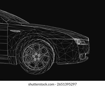 A sleek 3D car model stands out against a black background, highlighting its aerodynamic curves and modern design. Detailed headlights, smooth body lines.