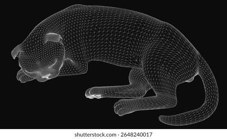A sleek 3D cat model rests in a sleeping pose on a black background. The detailed big cat features realistic textures and is compatible