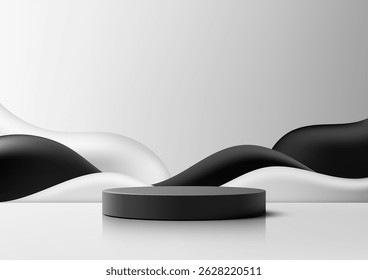 a sleek 3d dark gray cylindrical podium on a glossy white surface with dynamic black and white abstract liquid shapes, modern product displays, presentations, and minimalist showroom mockups