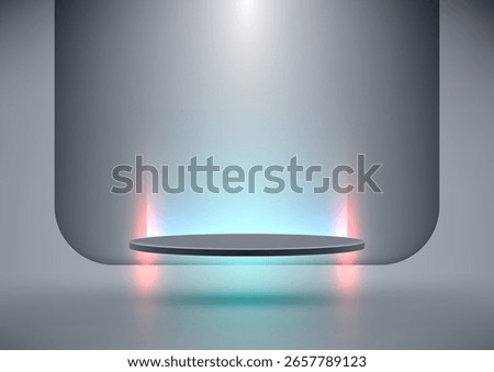 sleek 3d dark gray podium floats on reflective ground lit by blue glow and pink vertical lights in a tech inspired scene perfect for futuristic product display and modern mockup needs
