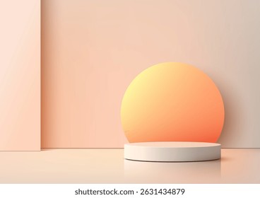 A sleek 3d minimalist white circular podium on a warm peach backdrop, modern product mockups, advertising displays, or elegant showcase presentations in a clean studio setting
