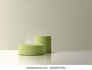 sleek 3d mockup of two green cylindrical pedestals on a reflective surface, product display, branding, or showroom concepts. Neutral background enhances versatility for ads and presentations