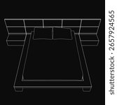 A sleek 3D model of a bed features clean contours and two plush pillows, highlighted against a dark black background. The minimalist design emphasizes smooth lines and modern aesthetics.