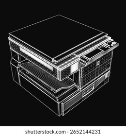 A sleek 3D model of a copier printer displayed on a black background highlights its modern design and functional details. The device features clean lines, a paper tray.