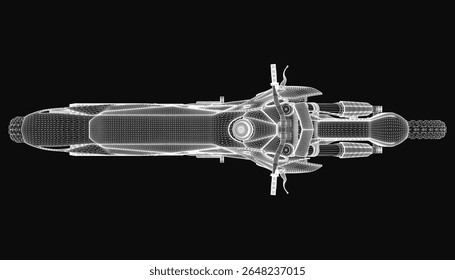 Ein schlankes 3D-Modell eines Cross-Motorrads mit einer detaillierten Motoransicht, hervorgehoben auf schwarzem Hintergrund. Das Design betont Präzisionstechnik, Chromakzente und dynamische Winkel.