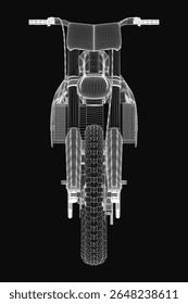A sleek 3D model of a cross motorcycle with detailed design elements, rendered on a black background for a striking contrast.