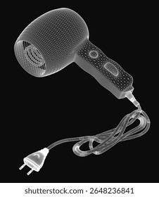 Um modelo 3D elegante de um secador de cabelo com um acabamento branco liso, com uma longa corda preta e alça ergonômica, isolado em um fundo escuro. O design destaca a estética e funcionalidade modernas.