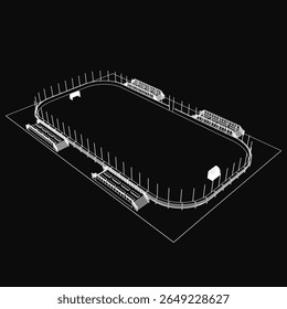 Um modelo 3D elegante de um estádio de hóquei apresenta uma pista de corrida delineada em preto com uma cerca de metal circundante. O design moderno inclui barreiras seguras e linhas limpas.