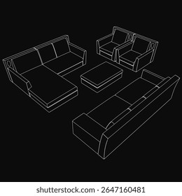 Um modelo 3D elegante de uma sala de estar moderna apresenta um sofá com contorno preto, cadeira e otomano contra um fundo escuro. O design minimalista destaca linhas limpas e contemporâneas.