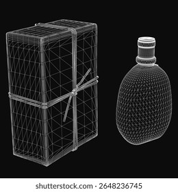 A sleek 3D model of a perfume bottle with a cylindrical shape and front label, paired with a rectangular gift box featuring a top handle. A decorative ribbon tied in a bow adds an elegant touch