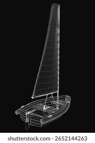 Um modelo 3D elegante de um veleiro flutua sobre um fundo preto, mostrando detalhes realistas como as velas texturizadas, casco polido e armação intrincada.