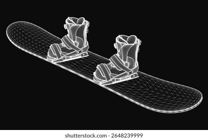 A sleek 3D model of a snowboard with attached boots, featuring a glossy finish and detailed bindings, placed on a dark background for contrast. The design highlights modern winter sports equipment.