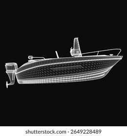 A sleek 3D model of a speed boat with detailed hull, polished surfaces, and dynamic motor features stands out against a black background. The realistic rendering highlights the boat's aerodynamic.