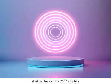 sleek 3D modern platform glows with vibrant blue neon light, backed by radiant pink concentric circles on a soft purple backdrop, perfect for tech concepts, mockups, and futuristic design projects