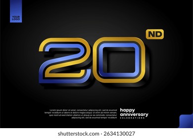 Design elegante 3D número 20 em azul e ouro para a celebração de aniversário moderna no fundo escuro