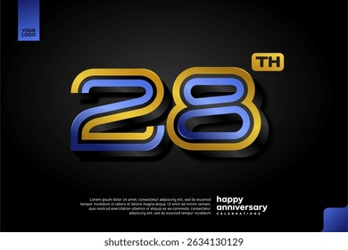 Design elegante 3D número 28 em azul e ouro para a celebração de aniversário moderna no fundo escuro
