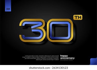 Diseño elegante del número 30 3D en azul y oro para la celebración moderna del aniversario en fondo oscuro