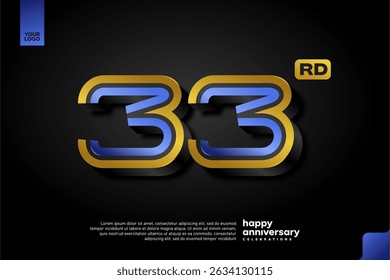 Diseño elegante del número 33 3D en azul y oro para la celebración moderna del aniversario en fondo oscuro