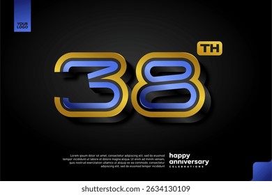 Design elegante 3D Número 38 em azul e ouro para a celebração de aniversário moderna no fundo escuro